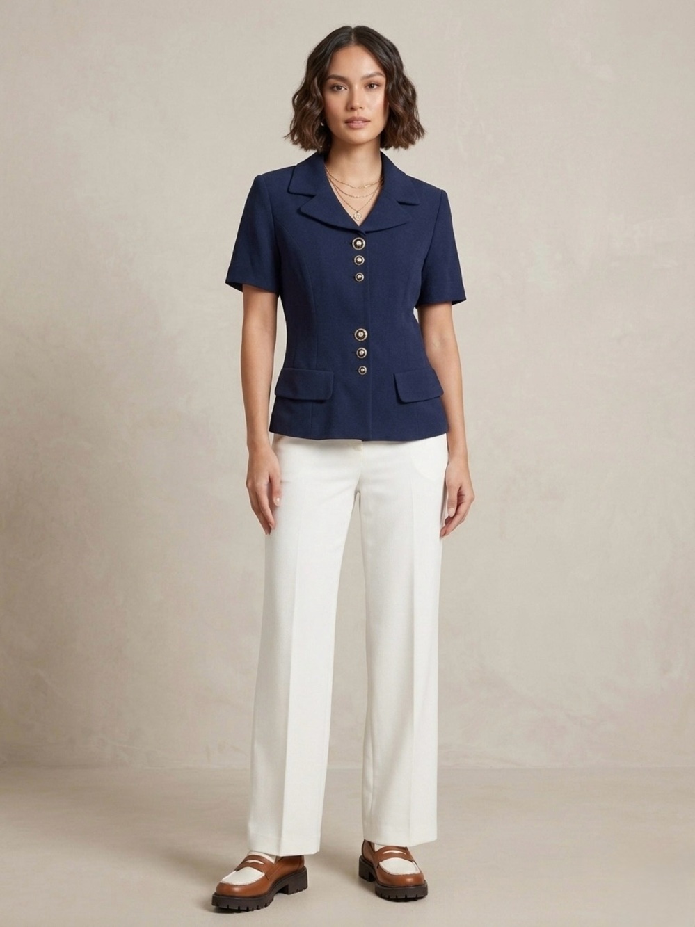 Vintage 90s Caesar Short Sleeve Navy Blue Blazer Blouse Top Gold Crest Buttons S